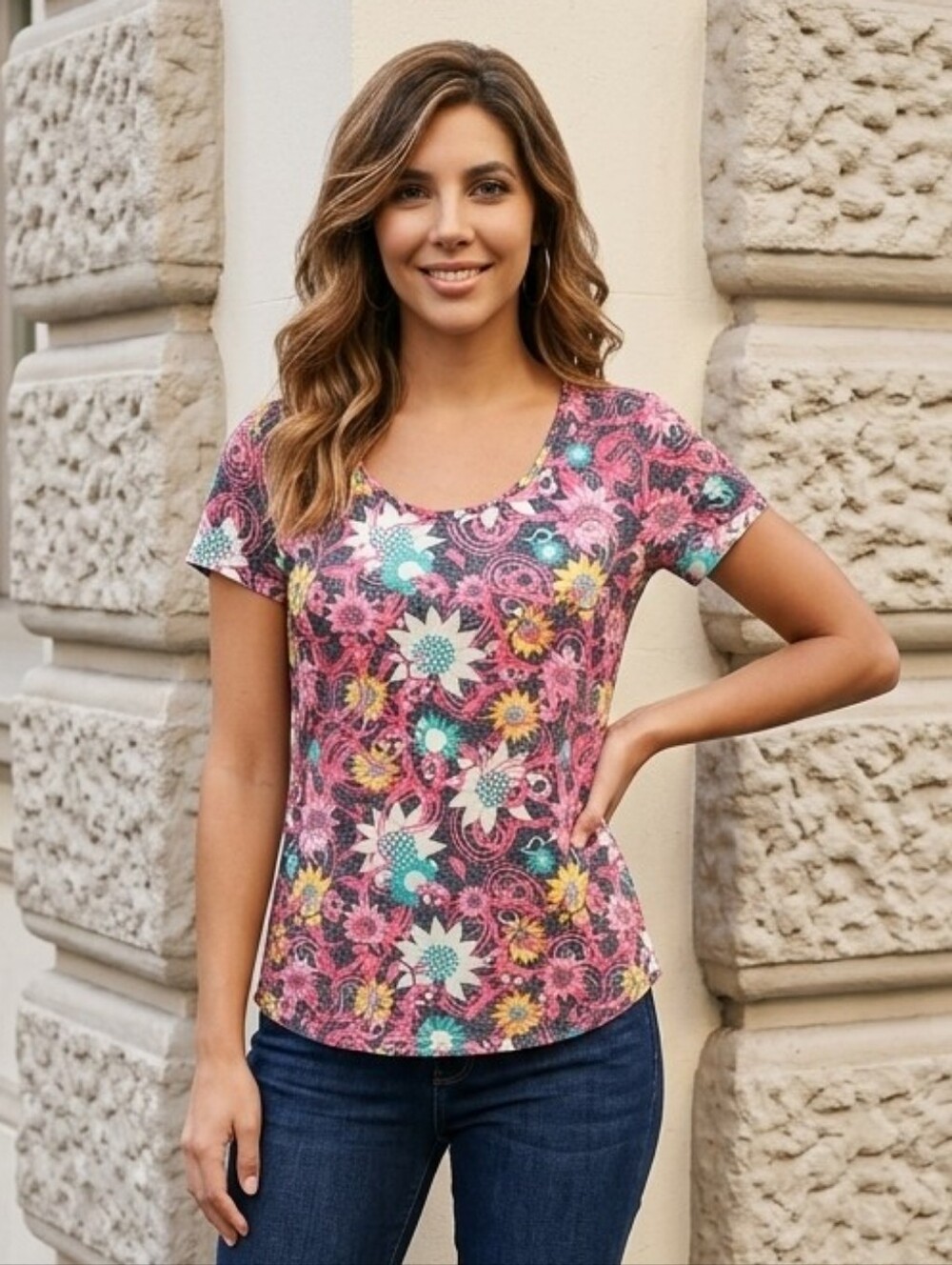 Heathered Floral Swing Tee Relaxed Knit Legging Top Colorful Women's Small Comfy